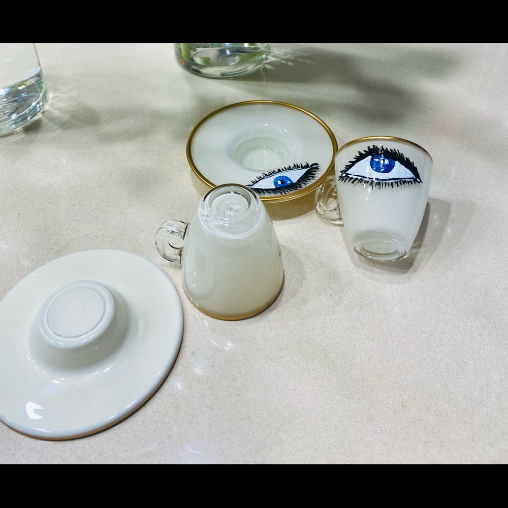 2 Evil Eye hand blown and hand painted espresso cups and saucers - Picture 4 of 5